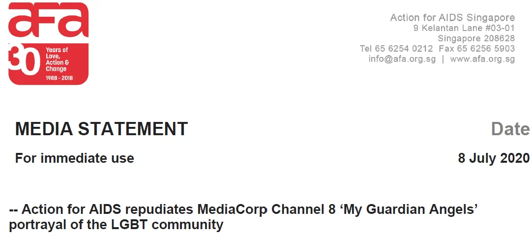 Media Statement – Action for AIDS repudiates MediaCorp Channel 8 My Guardian Angels portrayal of the LGBT community